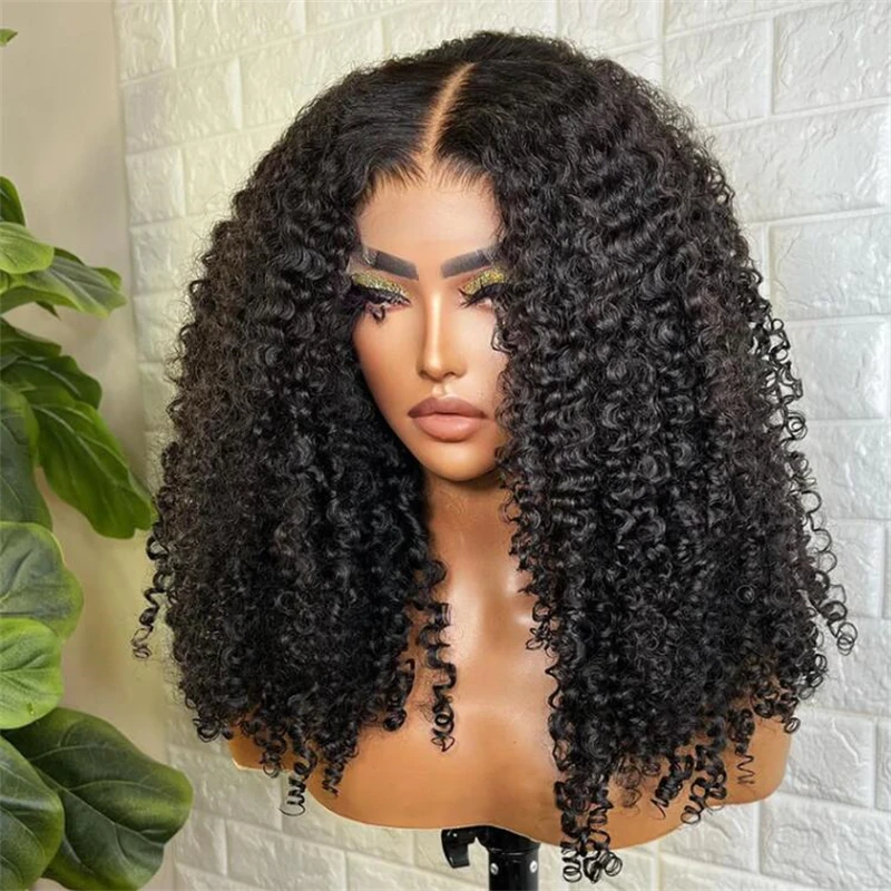 Deep 26“ Natural Black 180Density Long Kinky Curly Lace Front Wig For Women Babyhair Preplucked Heat Resistant Glueless Daily