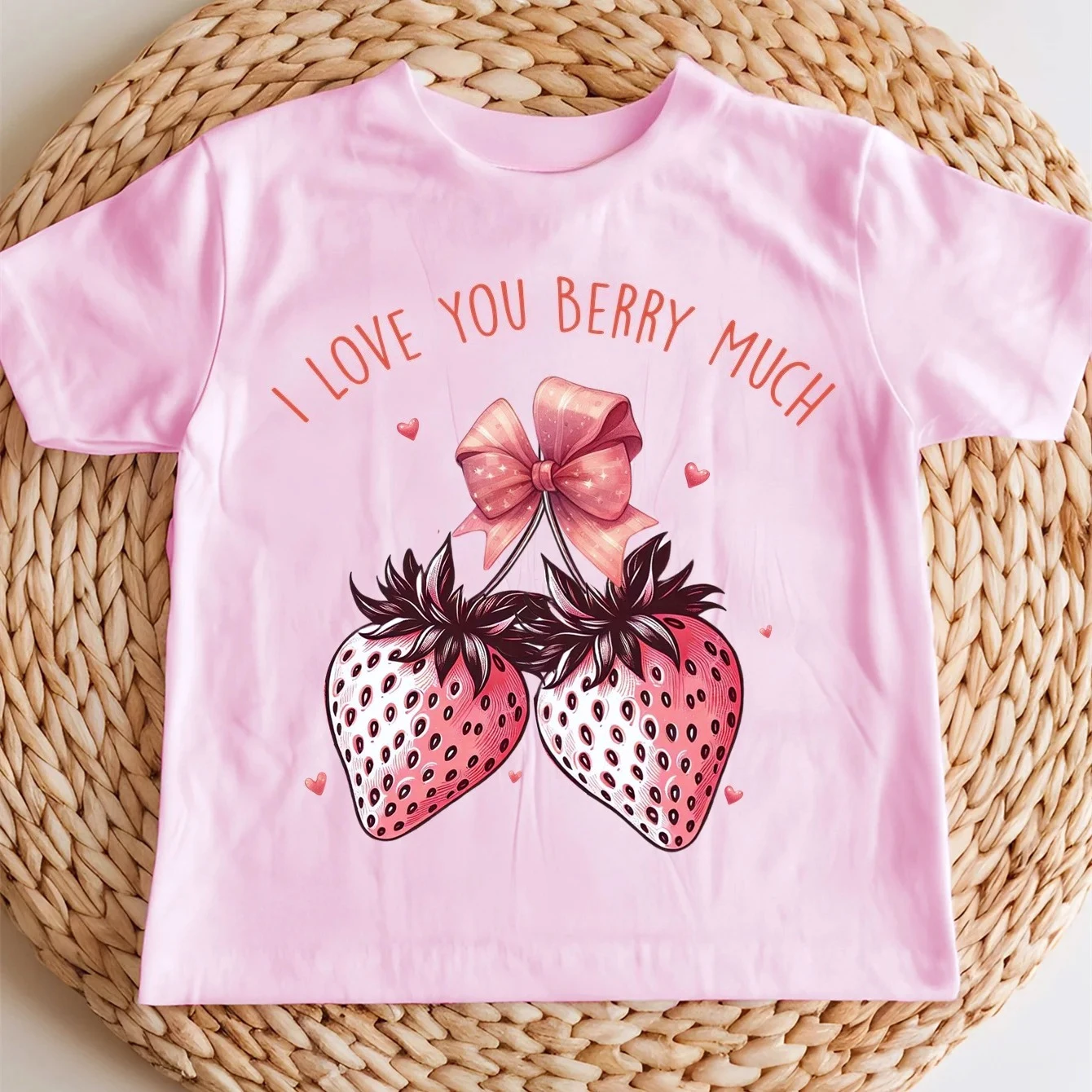 Sweet Strawberries Print Children’s Base Clothe Girl Comfortable Top Outdoor O-neck Short Sleeve Tee Summer Top for Daily Wear