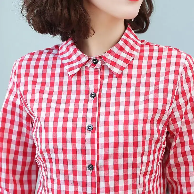 2023 Summer Fashion Plaid Print Temperament Long Sleeve Women\'clothing Simple Commuter Casual Versatile Polo Button Shirt