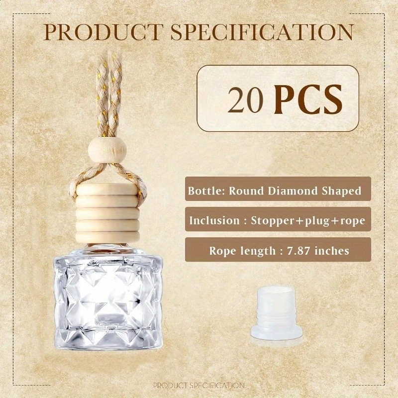20 Stück 8ml Auto-Parfümfläschchen zum Aufhängen, nachfüllbarer Lufterfrischer-Diffusor, Glasfläschchen für ätherische Öle, hängender Aromatherapie-Anhänger – Detail 3