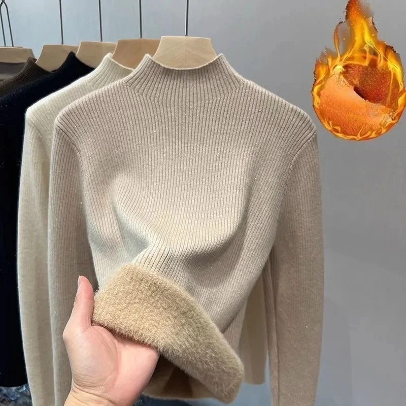 

Зимний теплый женский пуловер, свитер, однотонные элегантные вязаные топы, модная повседневная одежда с высоким воротником