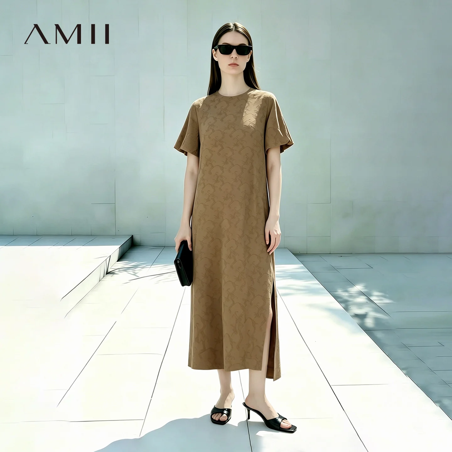 

Amii Women's Dress 2026 Summer New O-Neck Short Sleeve Open Back Jacquard Lantern Sleeve Holiday Midi Womens Dresses 12652021