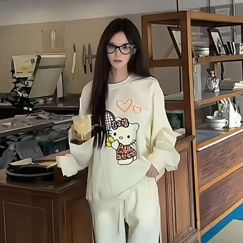 Vintage Kitty Print Rundhalspullover Harajuku Hoodie Damen Herbst Sweatshirt Kawaii Hello Kitty Sweatshirts