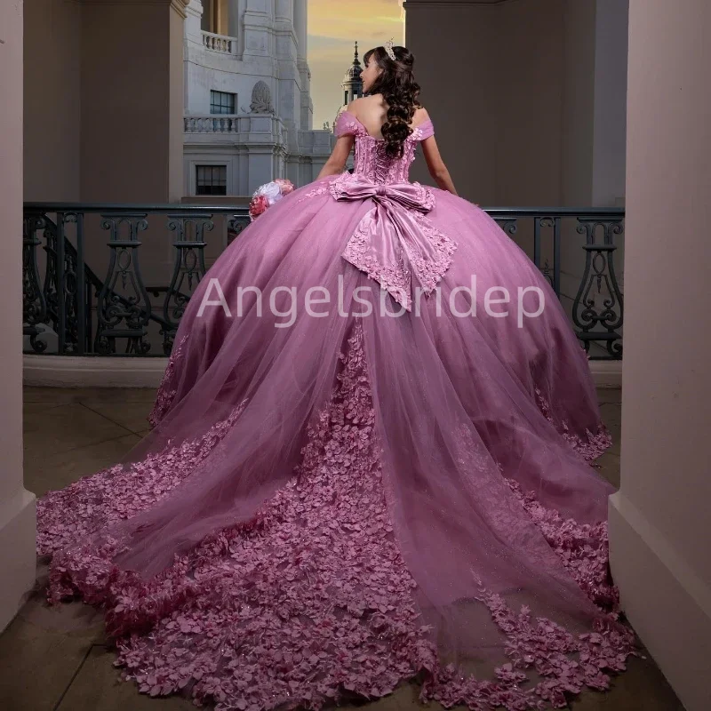 Angelsbridep-Vestido Quinceanera Rosa Querida, Fora do Ombro com Apliques 3D, Vestido Arco de Baile, 16 Doces Vestidos, 16 Anos