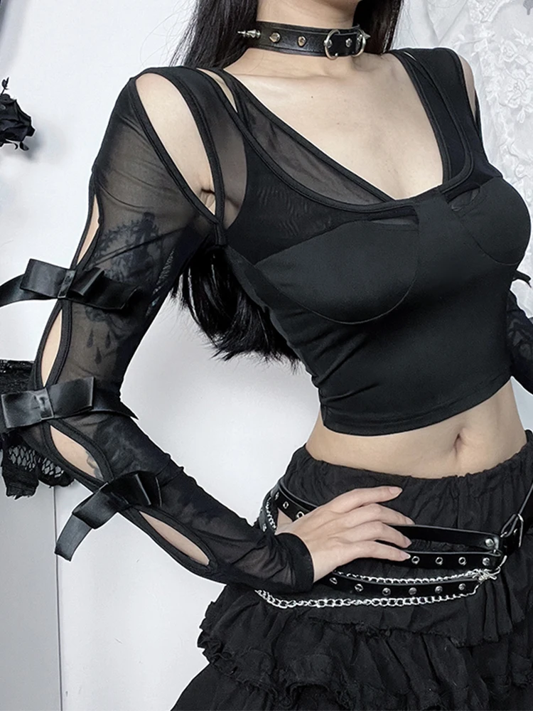 AltGoth Hotsweet Mall Goth T-shirt Women Streetwear Y2k E-girl Hollow Out Long Sleeve See Through Bow Patchwork Crop Tee Tops