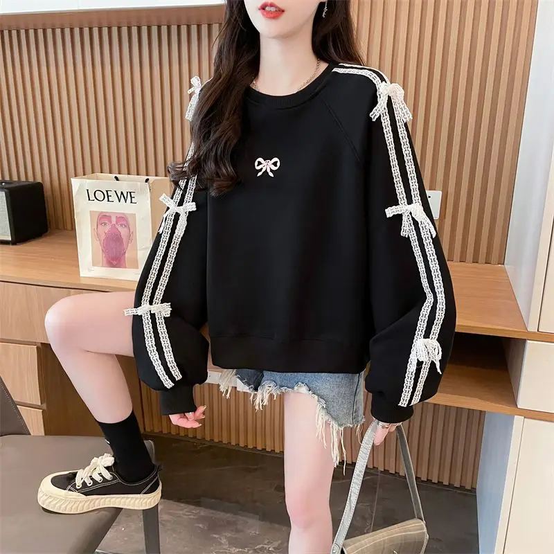 Lace Embroidery Patchwork Korean Round Neck Loose Sweatshirt Design New Bow Top