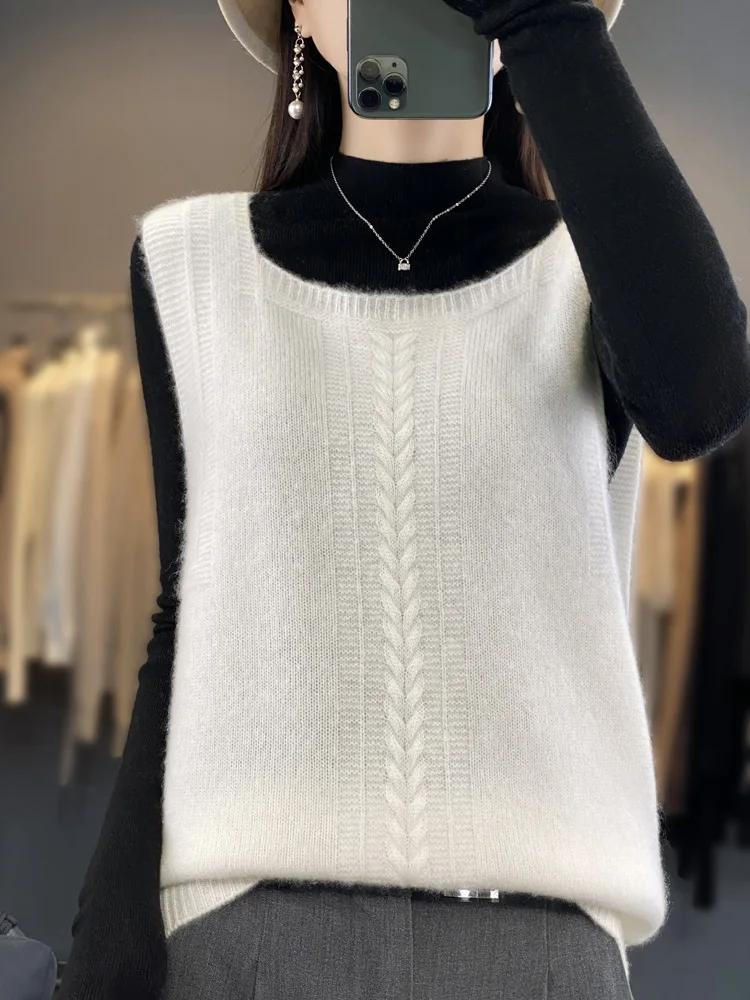 Women's Merino Wool Vest, Square Neck Pullover, Sleeveless Sweater, Knitted Outerwear, Thick Casual Style, Top Fashion, Winter