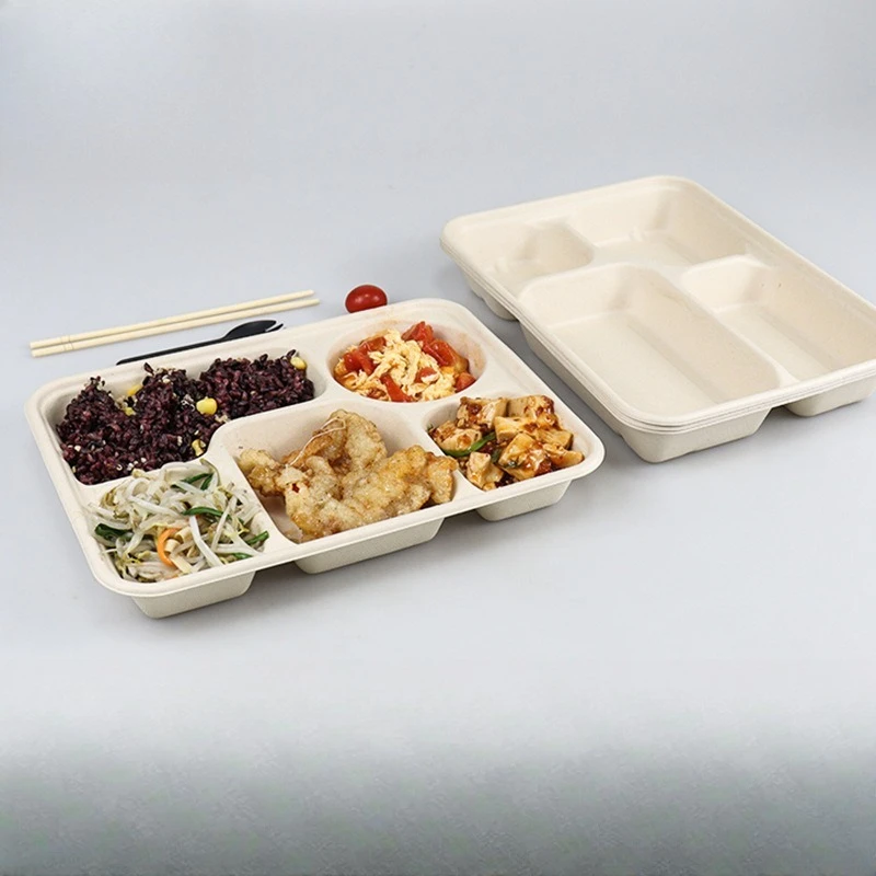 Biodegradable Pulp Compartment Food Tray 3 4 5 Sections Disposable Lunch Box Takeaway Packaging