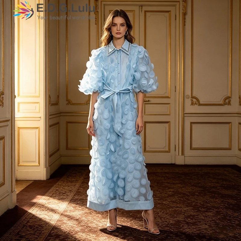 EDGLuLu Turn-Down Collar Puff Sleeve White Summer Dresses 2026 3d Flower Splicing High Waist Lace-Up Loose Long Dresses 0430