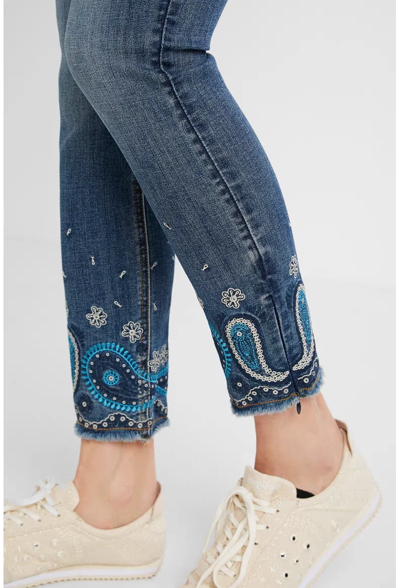 Foreign trade original single Spanish new embroidered sequin raw edge stretch jeans for women