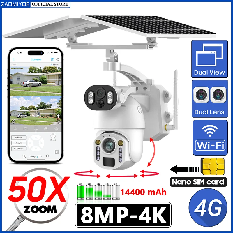 camera solar de tela dupla 8mp 4g 4k 50x zoom lente dupla gravacao de rastreamento humanoide ao ar livre wifi ptz camera de seguranca ip a prova dagua 01