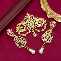 Sunspicems Gold Color Moroccan Jewelry Caftan Brooch Earring Sets For Women Chic Arabic Bridal Ethnic Wedding Bijoux Party Jewel