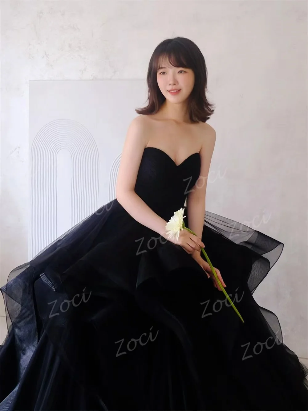 Zoci fada tule querida preto coreia vestidos de casamento personalizado em camadas sem mangas recepção de casamento fotos sessão vestido de festa