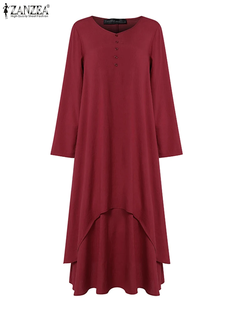 ZANZEA-Vestidos Vintage de manga larga con cuello de pico para mujer, Vestido veraniego informal liso con dobladillo de doble capa, Vestido largo para mujer 2024