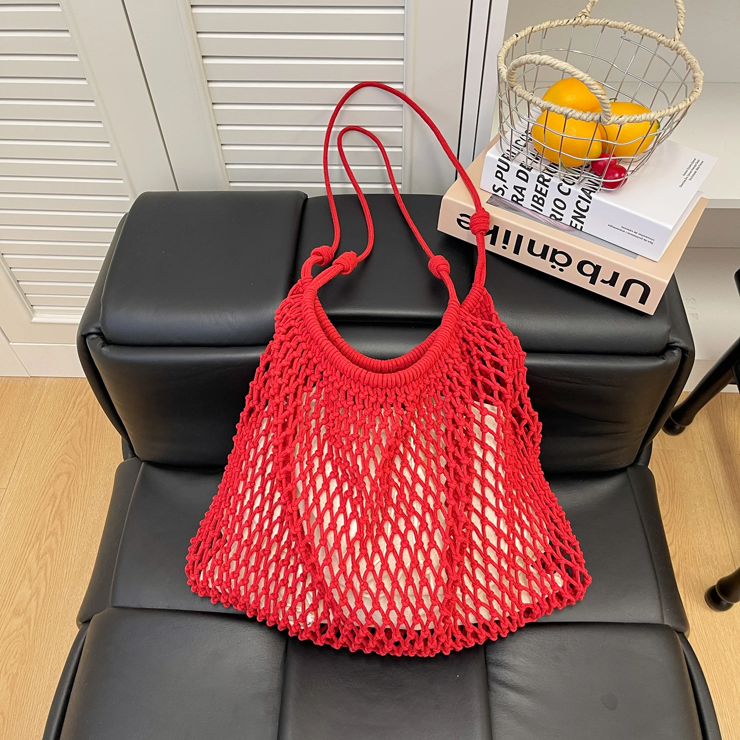 Women Hollow Cotton Rope Mesh Tote Bag Drawstring Shoulder Bag Large Capacity Summer Beach Vacation Shopping Woven Handbag