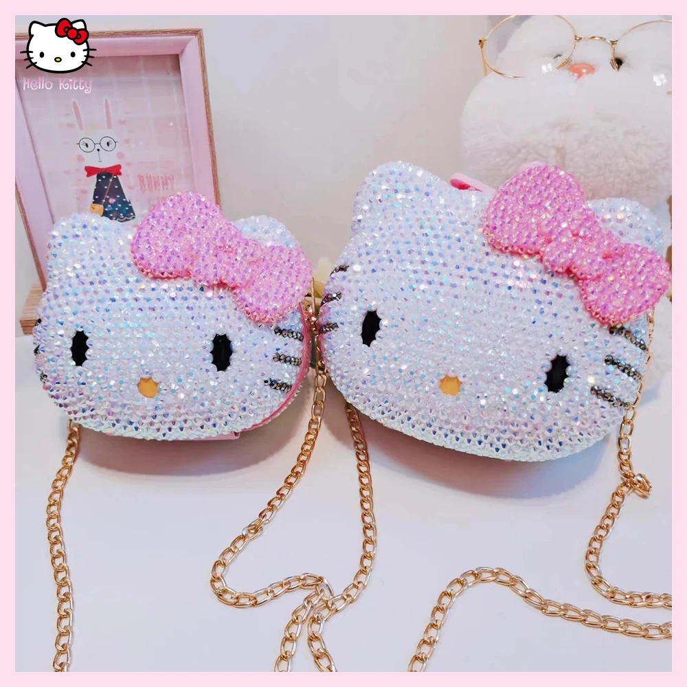 Anime Hello Kitty Handmade Crystal Rhinestones Jewelry Box Ring Coin Earphone Storage Organizer Cosmetic Handbag Girl Kids Gift