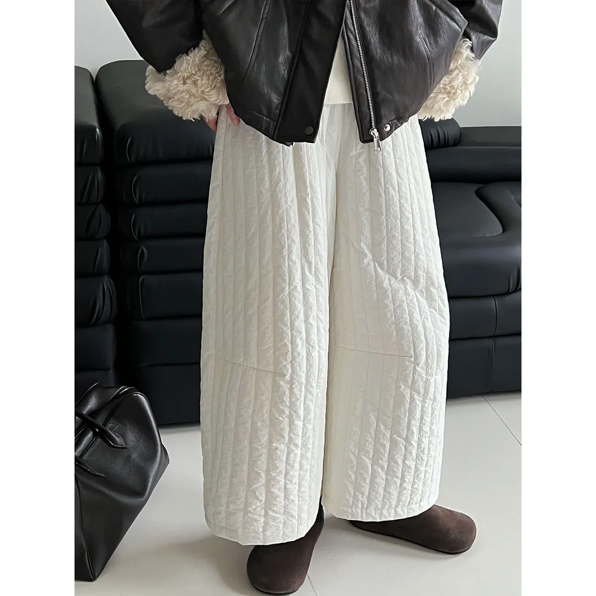 Korean Style Vertical Quilted Pants Women Warm Cotton Padded Straight-leg Cropped Trousers Cozy for Autumn Winter Daily Wear