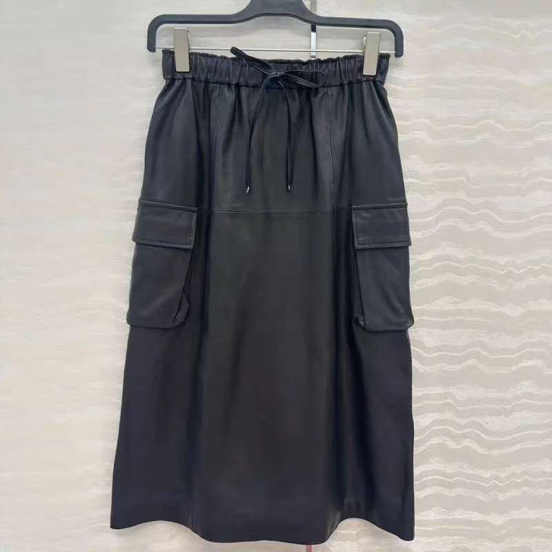 Autumn High End Women Genuine Leather Sheepskin Long Skirt 70cm Drawstring   Wrapped Jupe Mujer Mid Length