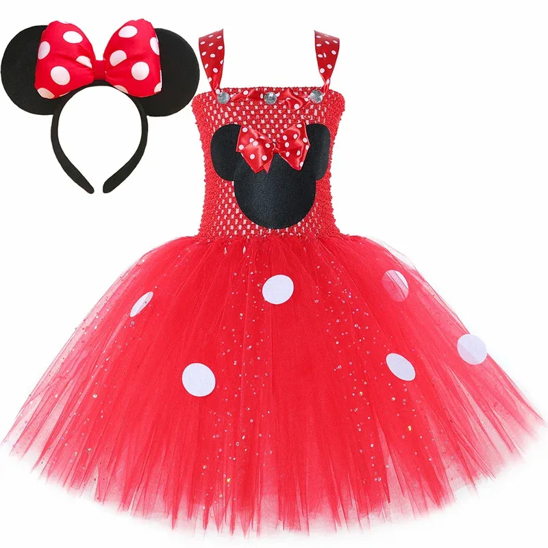 Disfraces de Minnie rojo brillante para niñas, vestido tutú de Ballet con ratón de dibujos animados, traje con orejas, lazo para el pelo, ropa de fiesta de cumpleaños para niños