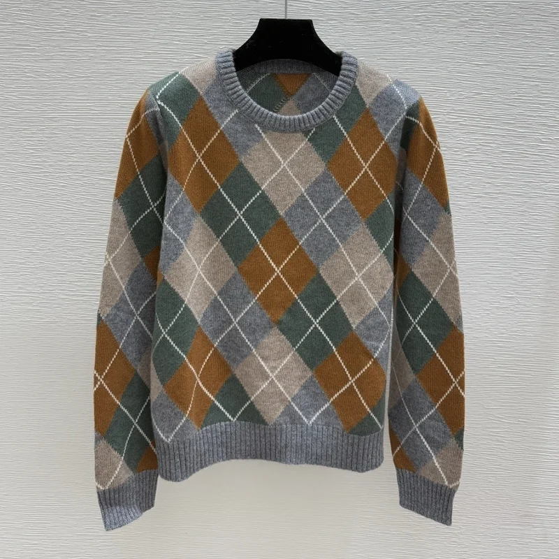

Высококачественный разноцветный классический женский свитер с круглым вырезом и ромбовидным узором, повседневная одежда, пуловер 251028236