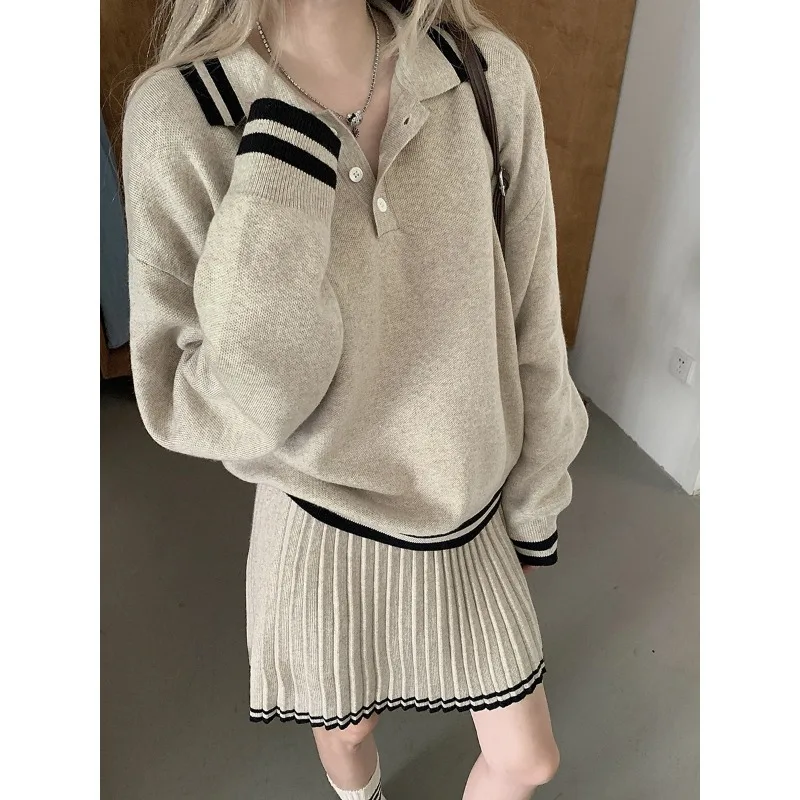 

2025 новый свитер с воротником для колледжа, комплект из двух предметов, женская осенне-зимняя юбка с высокой талией, модная E12311