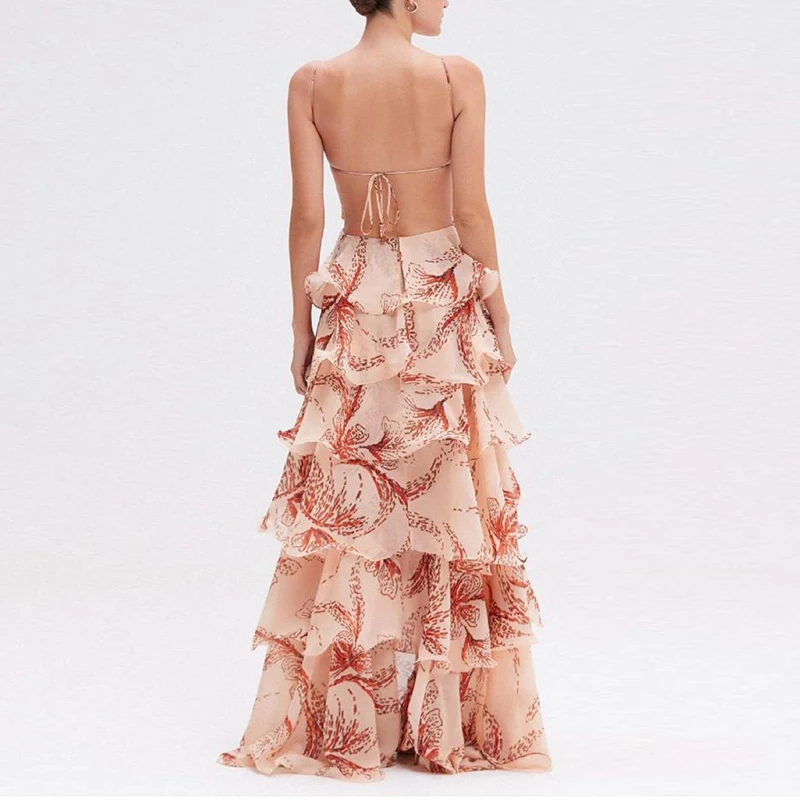 Abiti eleganti a pieghe con volant con stampa a farfalla Abito lungo da donna sexy con scollo a V e allacciatura senza schienale Abito estivo senza maniche scollato Boho