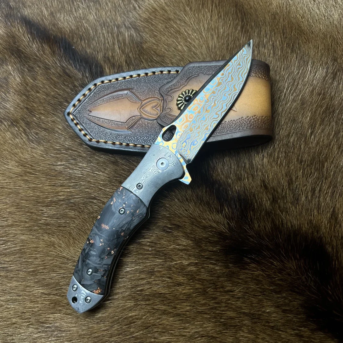 Blue Damascus Steel Folding Knife Outdoor High Hardness Portable