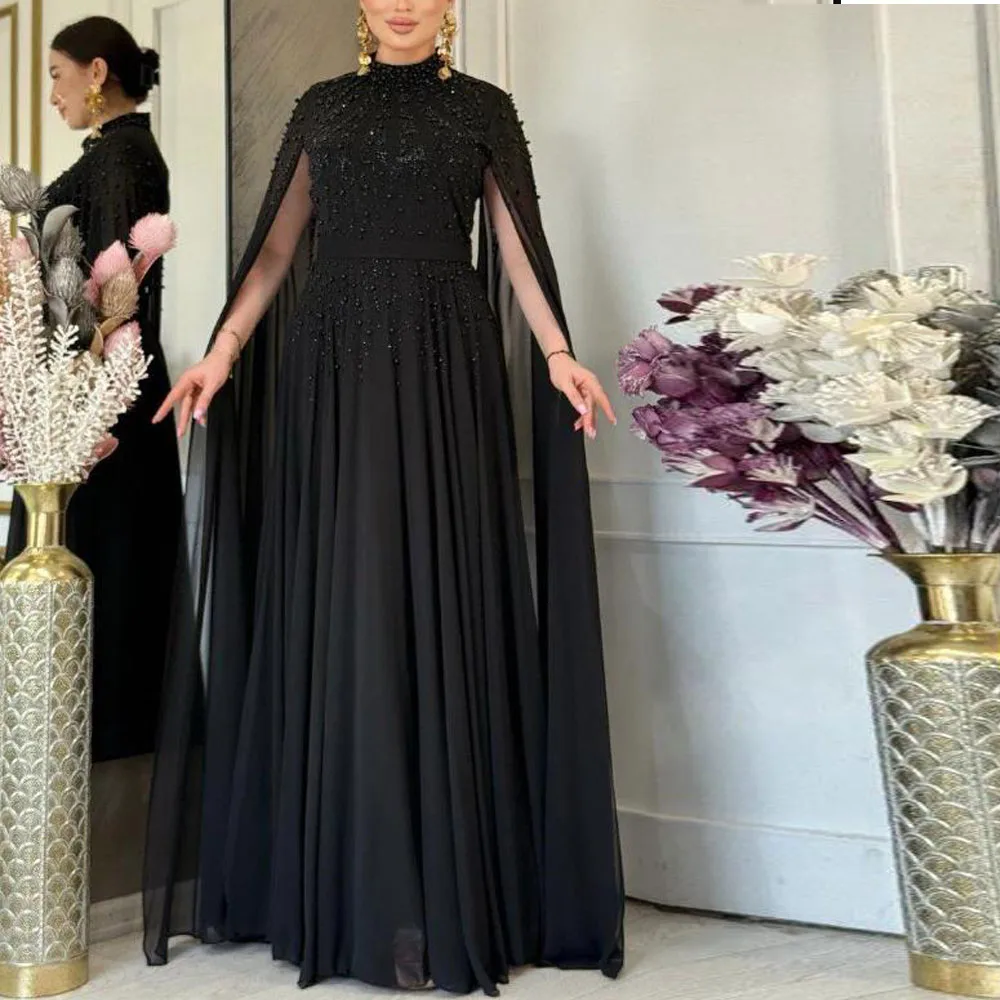 Customized Exquiste فساتين سهره Evening Dress with Cape Sleeve Beaded A Line Formal Gown Pleated Wedding Guest Outfit