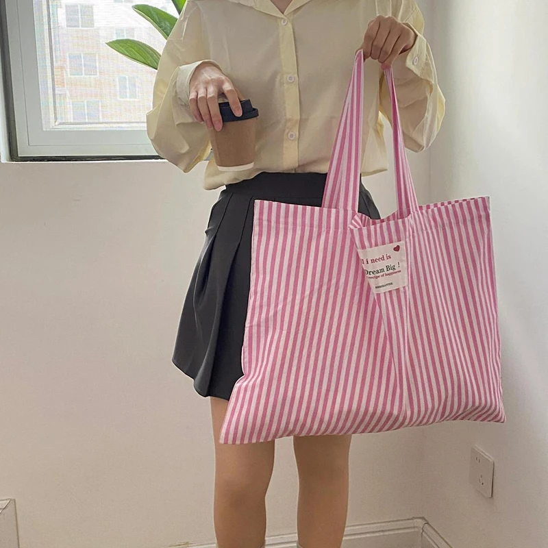 Women Tote Bag 2024 New Spring Summer Large Capacity Shoulder Bag Stripe Letter Handbag College Bags Women Shopper Bags