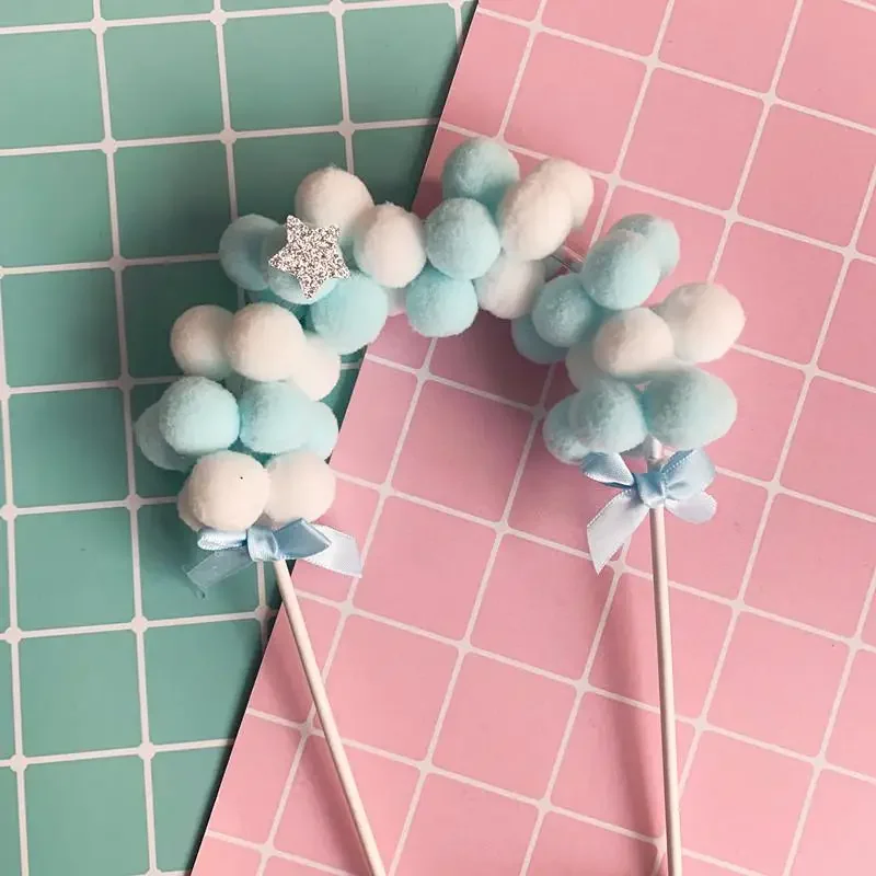 Pink Blue Soft Pompom Cloud Cake Topper Baby Shower Birthday DIY Cake Top Flags Decoration Festival Party Supplies