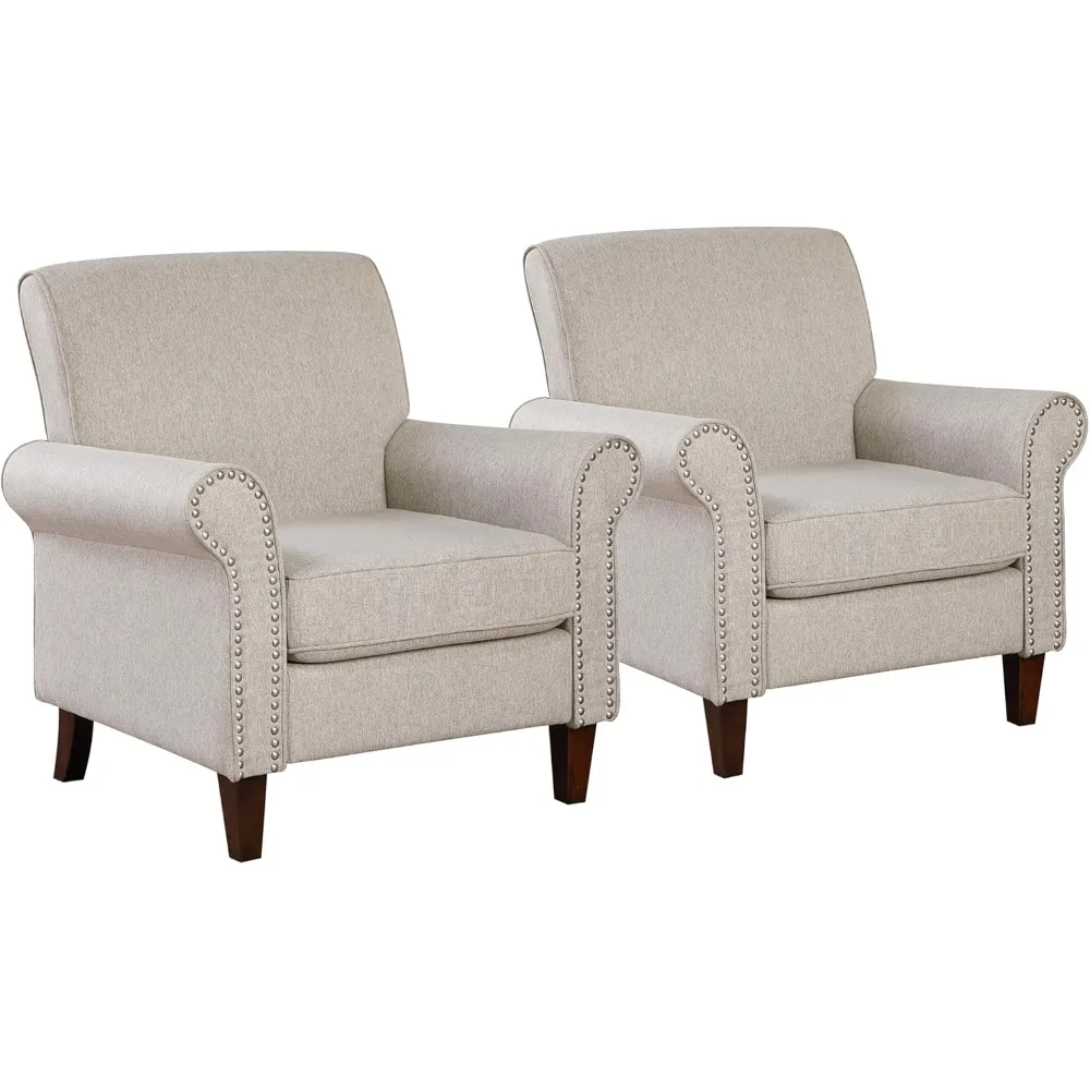 Fabric living room chair set of 2 - large single sofa with cushions, rolled-up armrests and spike head trim, beige