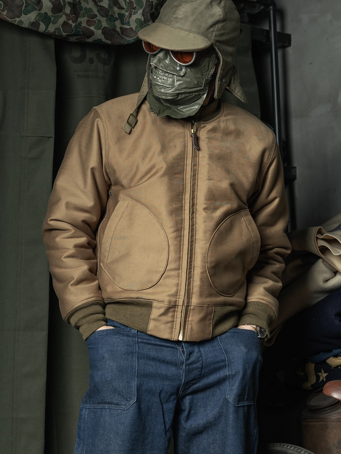 

Red Bronson N68 Khaki De Jaet Pilot Thi Outerwear Stand Fit Wool Blend Lined Zipper Closure Long Sve Coat