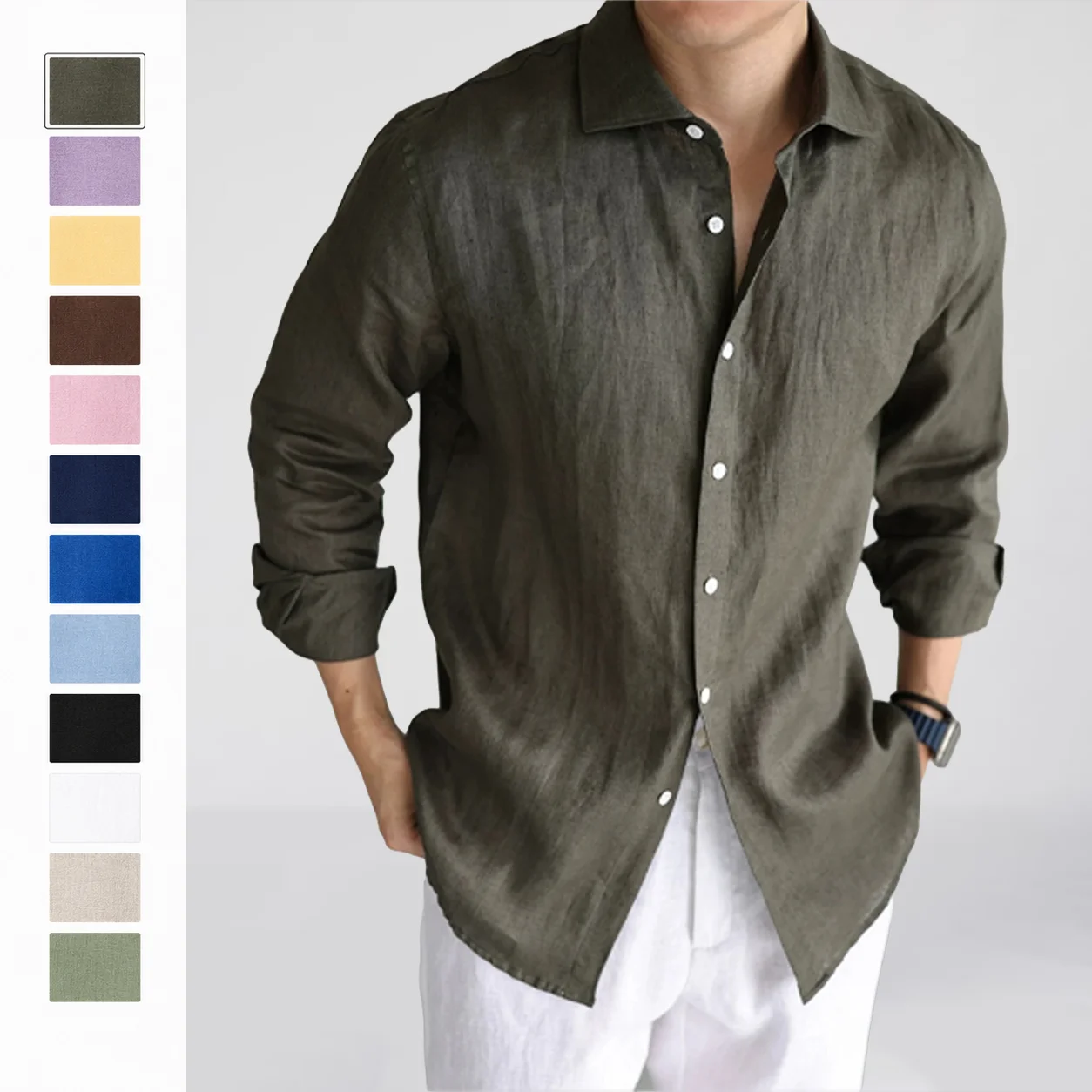 

Men's Linen Shirt Cotton Blend Long Sleeve Button Down Casual Loose Fit Summer Breathable Tops Old Money Aesthetic Solid Color