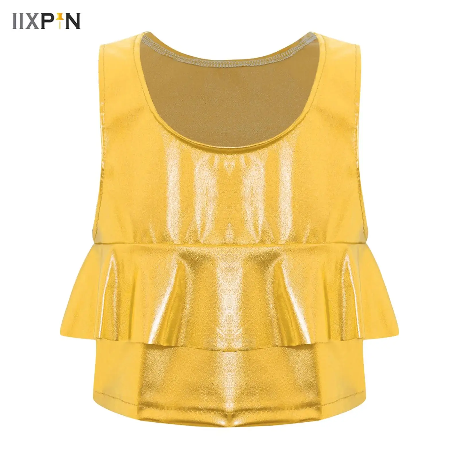 

Kids Girls Dance Tops Metallic Ruffled Vest Round Neck Sleeveless Cropped Tank Top for Cheerleading Jazz Dance Stage Performance