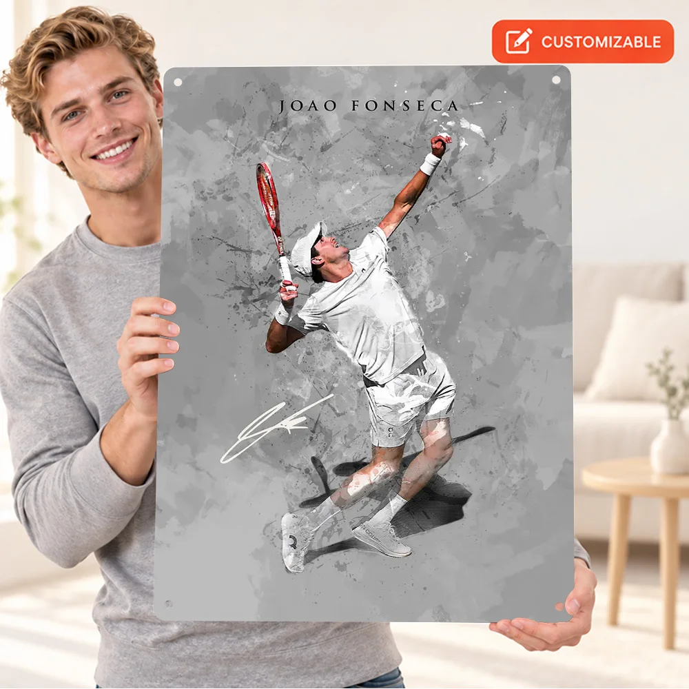 Joao Fonseca Racket Celebration Printed Poster Personalized Aluminum Metal Sign In Hand Graphic Wall Art For Tennis Clubhouse