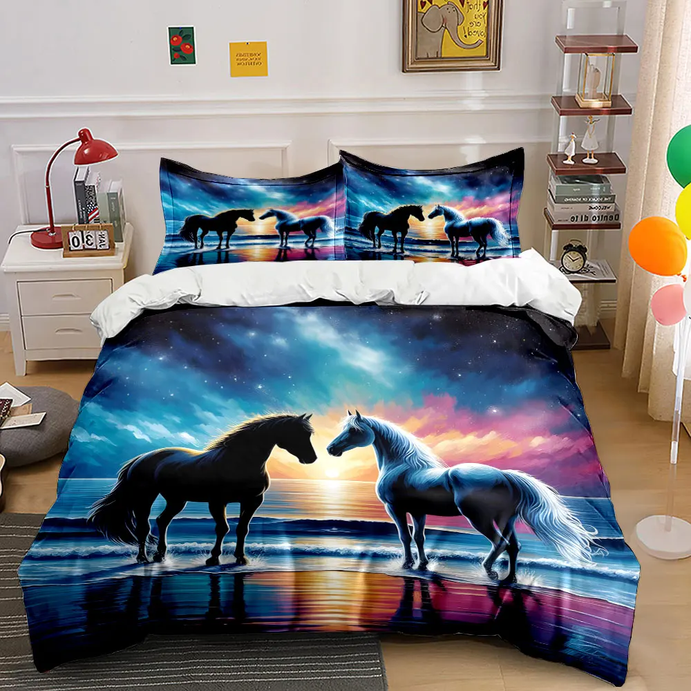 Two horses by sunset beach Printed Duvet Cover Set 1 Duvet Cover+2 Pillowcase Multi Size Bedroom Bedding Decor Luxury gifts