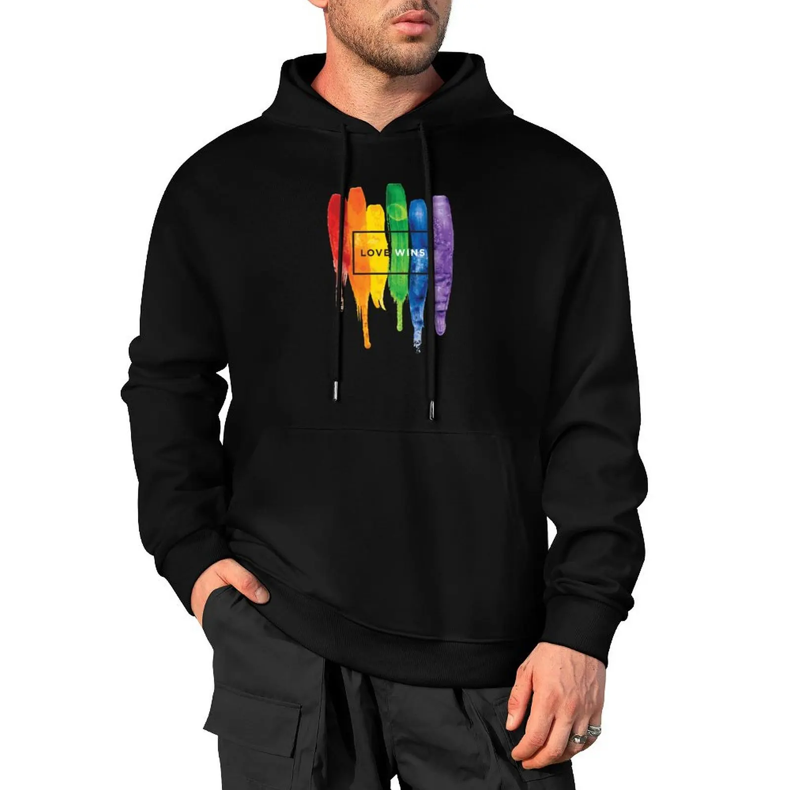 

Watercolor LGBT Love Wins Rainbow Paint Typographic Pullover Hoodie streetwear men mens clothing hoodie graphic