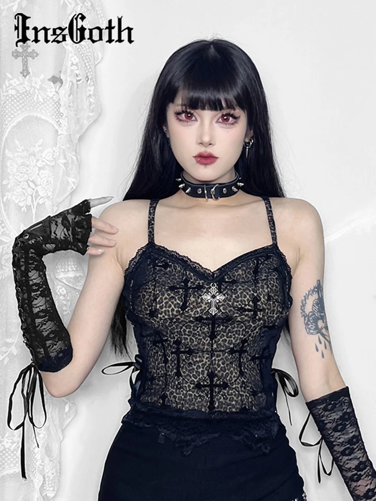 

InsGoth Gothic Flocking Leopard Print Crop Top Women Harajuku Vintage Y2K Grunge Lace Trim Cross Camis Tank Top Clubwear Outfit