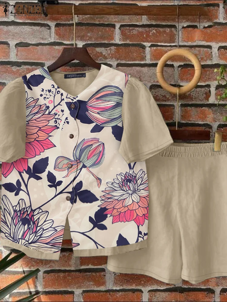 

ZANZEA Women 2025 Summer Short Sets Bohemian Casual Solid Shorts Floral Printed Short Sleeve Top Suits Vacation 2pcs Outfit