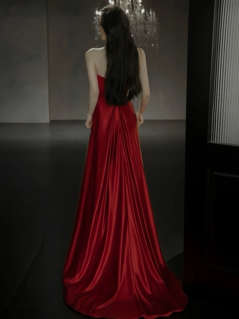 하이엔드 와인 레드 이브닝 가운 주름 장식 인어 슬리밍 민소매 오픈 백 롱 트레일링 공식 행사 칵테일 파티 드레스