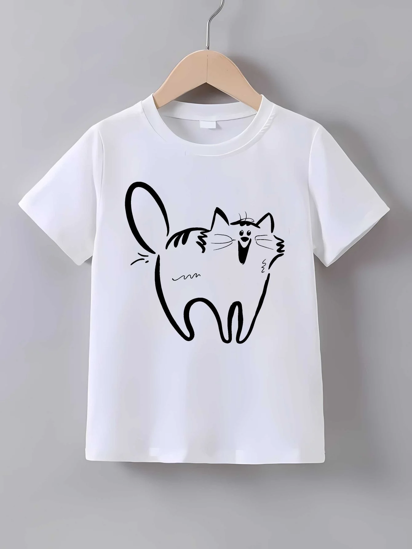 Simple Line Drawing Happy Cat Print T Shirt Family Matching Outfit Boys Girls Kids Short Sleeve Cartoon Children Daily Tees