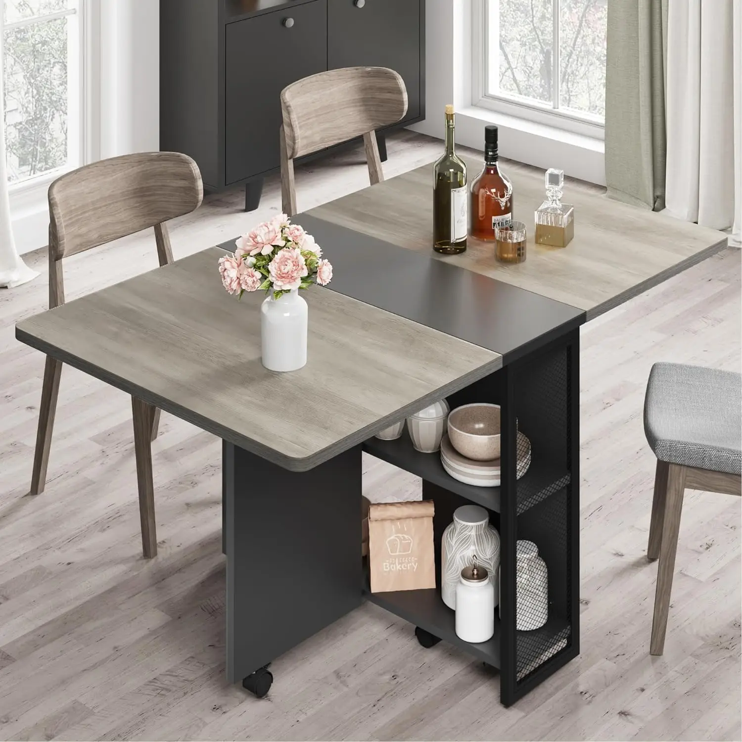 FoldingTable, Drop Leaf Dining Table with 6 Wheels and 2-Layer Storage Shelf, Space Saving Table for Small Spaces