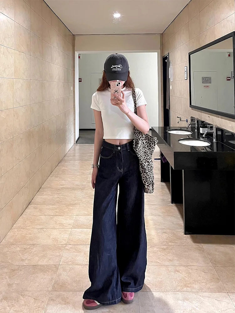 

Джинсы женские широкие прямые в пол, темно-синие, винтажные, больших размеров, в американском стиле, свободного кроя, слим-фит