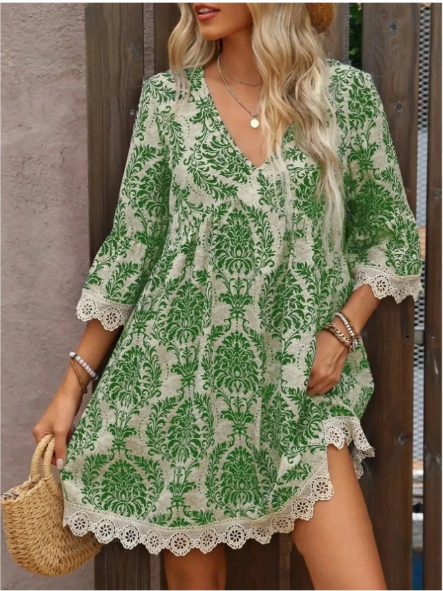 

Women's V-neck Ethnic Style Print Vacation Fashion Casual Mini Dress Loose 7-point Sleeve Lace Skirt for Female 2025 NEW