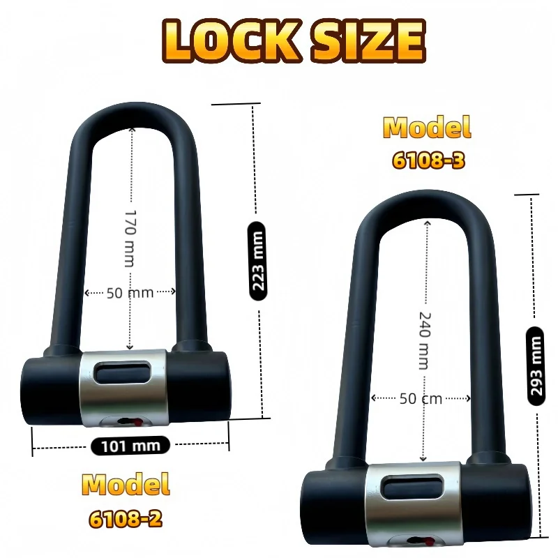 Falante Anti-Theft Bike U Lock with 2 Brass Keys Motorcycle  U Lock Waterproof Bicycle Security 3 Size Options