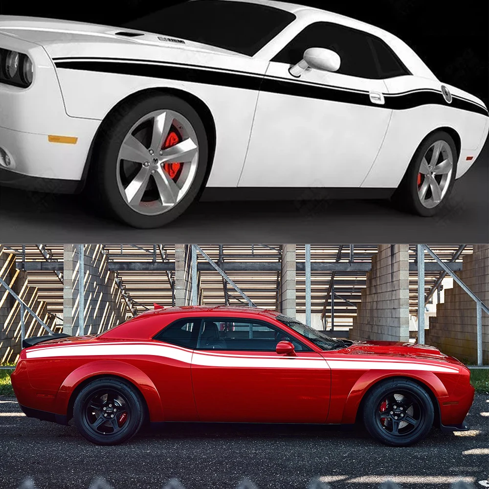 2Pcs Car Side Body Waistline Stickers Racing Stripe Vinyl Film Decals Auto Accessories for Dodge Challenger SRT Hellcat SXT GT view 2