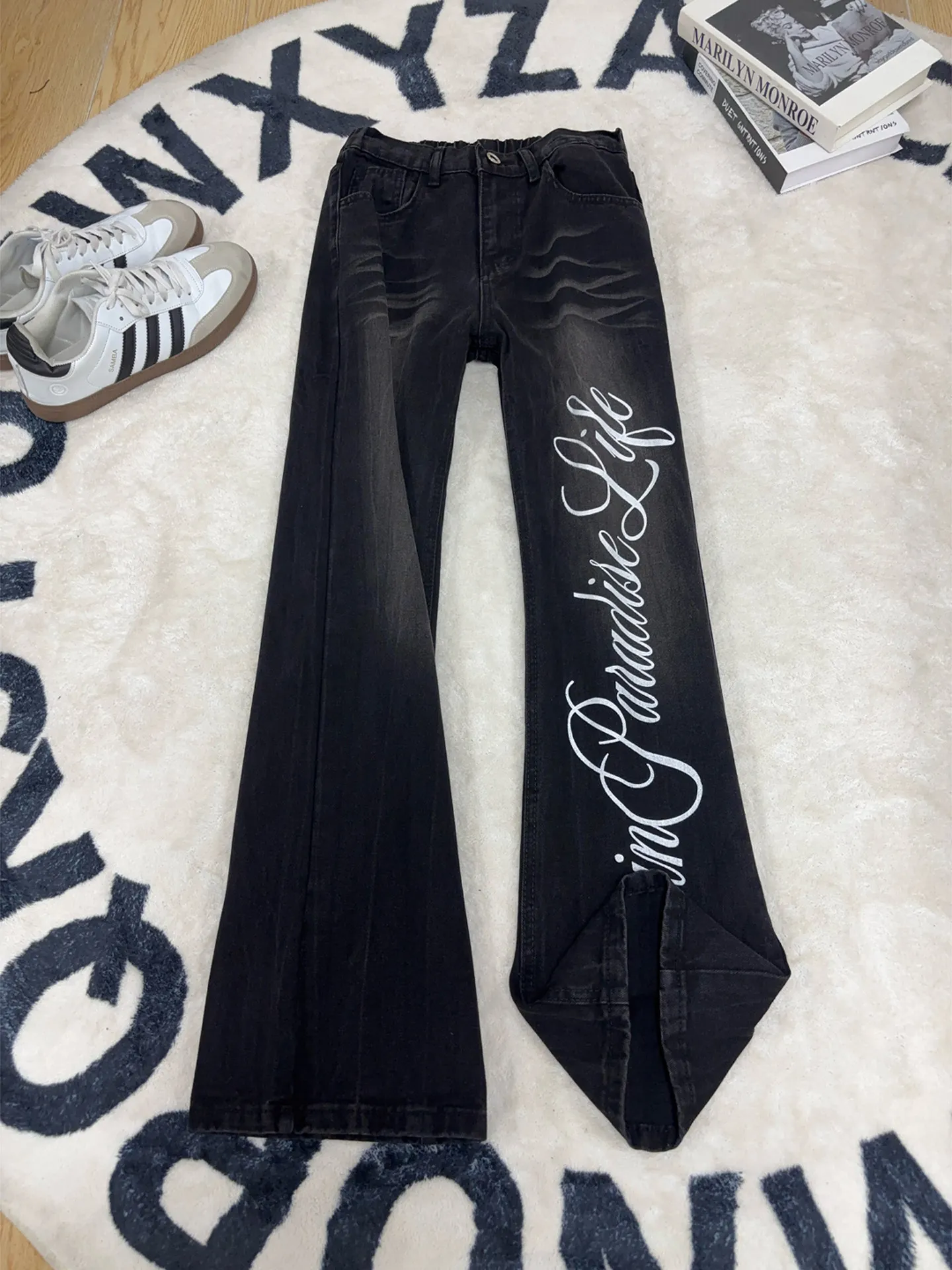 

Cleanfit Men's Printed Letter Denim Jeans High Street American Style Slim Straight Knife Pants with Lightning Pattern