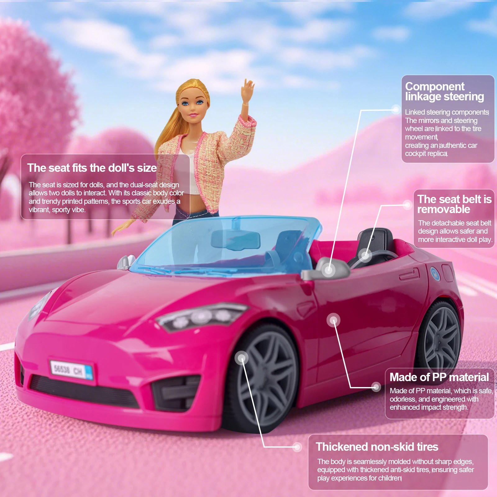 อุปกรณ์ตุ๊กตาของเล่นรถ Playset สีชมพูสดใสตุ๊กตาขนาดเปิดประทุน 2 ที่นั่งเข็มขัดนิรภัยและล้อกลิ้งรายละเอียดที่สมจริง