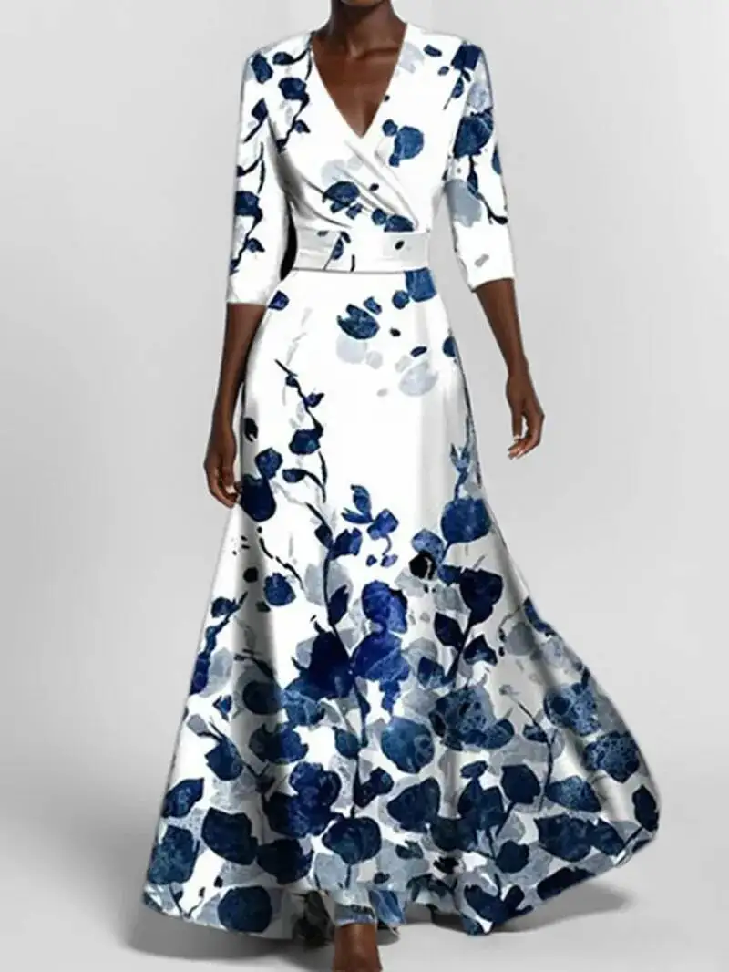夏の女性のファッション V ネックベルト付きパーティーロングドレスセクシーな印刷自由奔放に生きるマキシドレス半袖ポケット Femlae ホリデー RXJ8