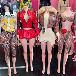 HLJ Fashion Sweater 2 Piece Sets Woman Outfit American Retro College Style Letter Print Top + Leopard Suit Female Streetwear New